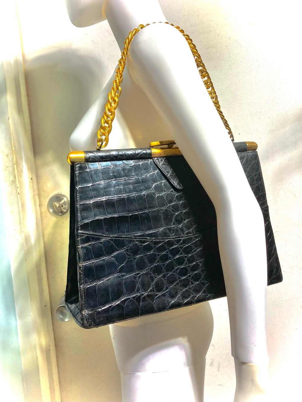 Vassar Vintage Black Genuine Alligator Swagger Handbag